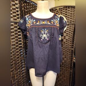 Bila Dark Blue Floral Embroidered Top